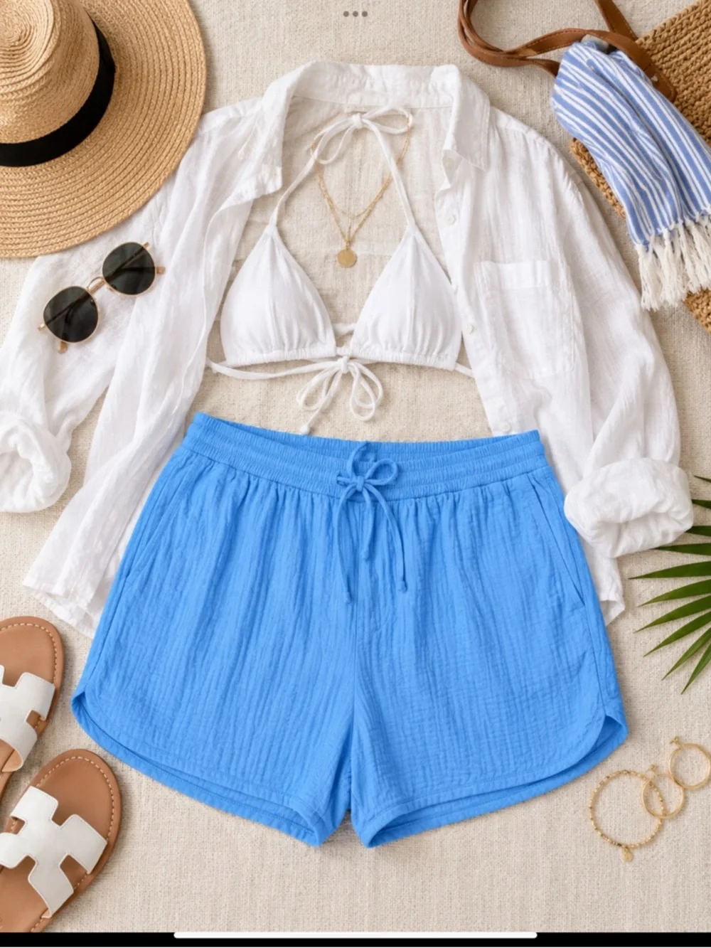 Coastal Sky Blue Cotton Gauze Beach Shorts NWT XL Drawstring Resort Cover Up